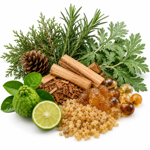 cedarwood, rosemary, sandalwood, copaiba, bergamot, frankincense, mugwort.