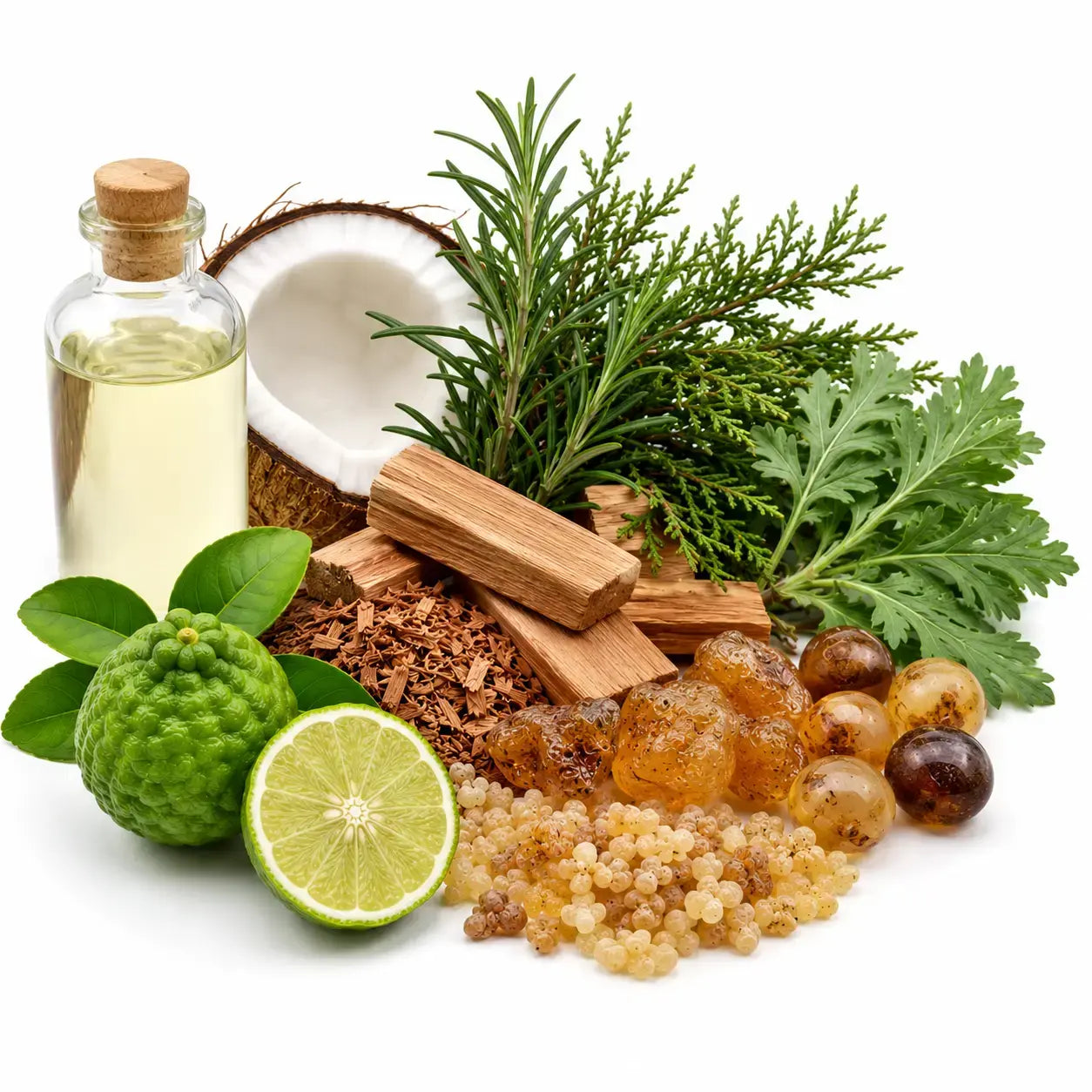 fractionated coconut oil, cedarwood, rosemary, sandalwood, copaiba, bergamot, frankincense, mugwort.
